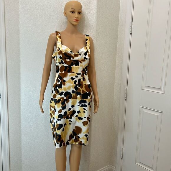 London Times Women’s Dress Sweatheart Neck Gold Brown Print Sleeveless Sheath - Picture 1 of 9